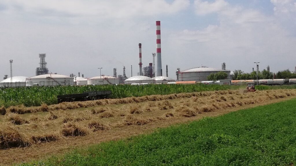 Rafinerija nafte NIS-a u Pančevu sa rezervoarima, dimnjacima i NIS cisternama, viđena sa okolnih njiva
